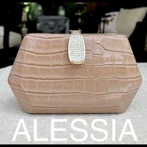ALESSIA Patent Croc embossed clutch on chain